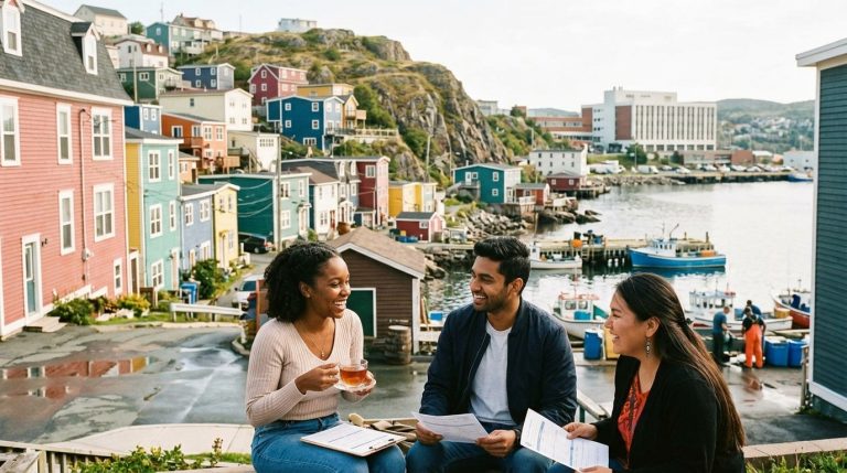 Three newcomers review PNP documents overlooking St. John's harbour and colourful hillside homes