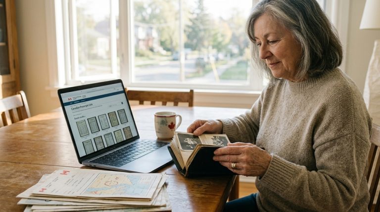 Woman reviews old family photos beside a laptop displaying Canadian genealogy records for citizenship research