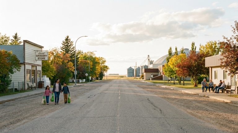 Family walks along a quiet Manitoba town street near shops and grain bins in a PNP news illustration