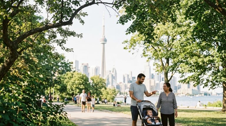 Family walks with a stroller in a Toronto park with the CN Tower, illustrating Canadian immigration news