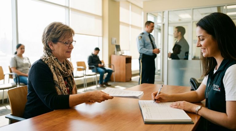 Applicant hands documents to a Service Canada clerk at a desk as IRCC clients wait in a reception area