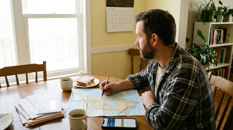 Man reviews paperwork beside a map of Canada and phone displaying IRCC information at a kitchen table