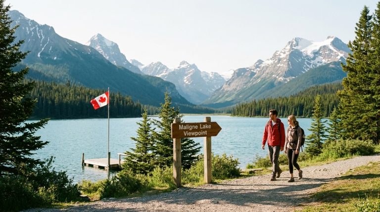 Two travellers walk past a Maligne Lake viewpoint sign and Canadian flag in the Express Entry article image