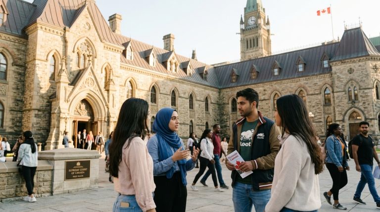 Newcomers gather outside a Parliament Hill building in Ottawa as permanent resident plans trail 2026