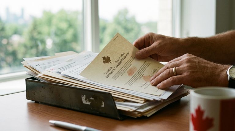 Hands sort through a stack of IRCC citizenship papers, including a Canadian citizenship certificate