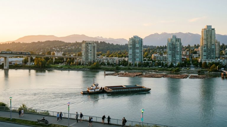 Barge moves along a BC waterfront with highrise towers and mountains, illustrating BC PNP news