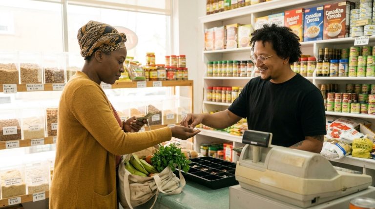 Shop worker gives change to a customer at a small grocery checkout amid low-wage work permit debate