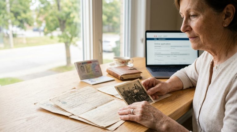 Woman reviews family documents and old photo beside a laptop displaying an IRCC online application form
