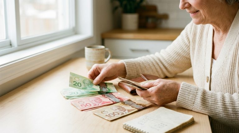 Woman counts Canadian dollar bills at a table beside a notebook, illustrating rising study permit costs