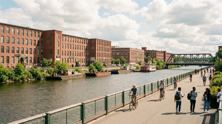 Cyclists and pedestrians pass Lowell canal mills and bridge as Canadian citizenship news highlights descent rules