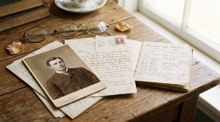 Vintage portrait, letters and passenger manifest on a table illustrate Quebec citizenship by descent records