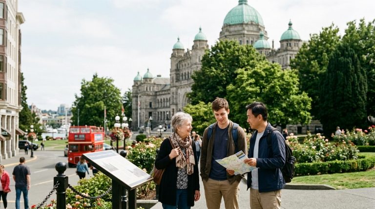 People with a map stand near BC legislature buildings in Victoria, illustrating a BC PNP news scene