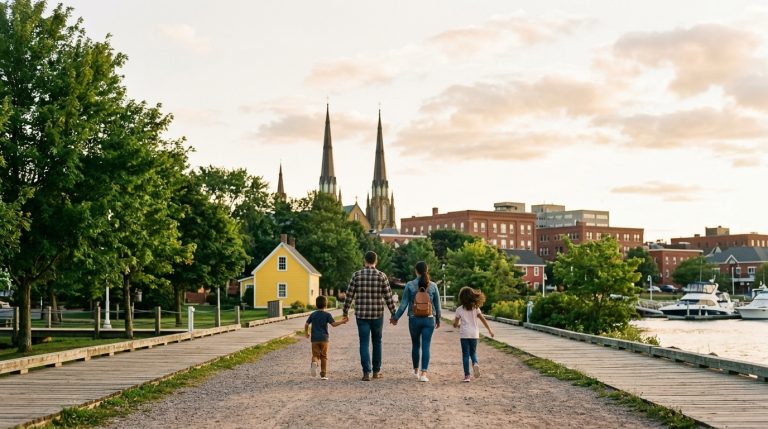 Family walks along Charlottetown waterfront boardwalk in Prince Edward Island amid PNP immigration news