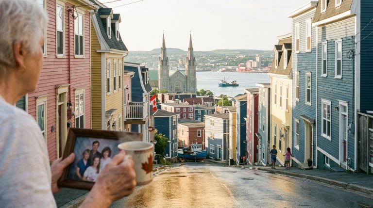 Person holds a family photo on a St. John's street overlooking the harbour in Newfoundland and Labrador PNP scene