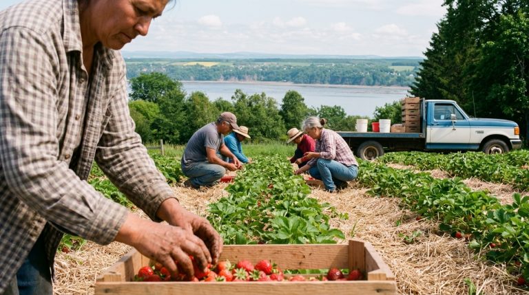 Farm workers pick strawberries in a field beside a truck, illustrating LMIA-related temporary resident labour