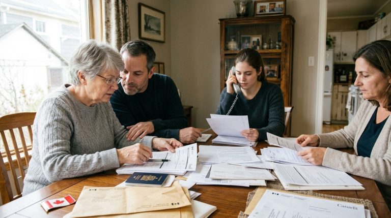 Family reviews Canadian citizenship documents at a kitchen table as one person speaks on the phone