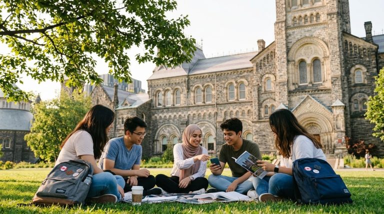 Students sit on the lawn outside the University of Toronto, a study permit destination in Ontario