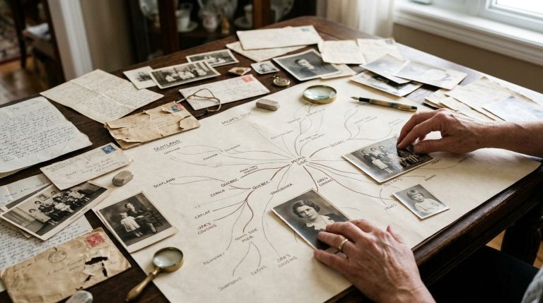 Hands arrange old family photos and letters around a citizenship family tree chart on a table