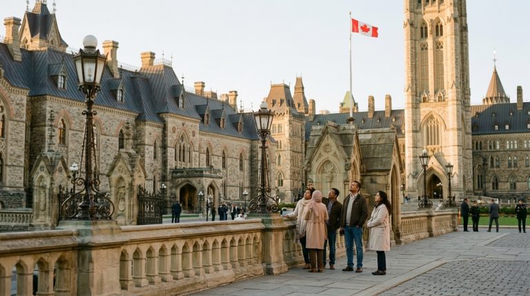 Visitors stand near Parliament Hill as a Canadian flag flies above, illustrating Canada work permit news