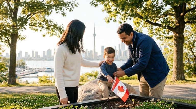 Family with child holding a Canadian flag in a Toronto park, illustrating citizenship news