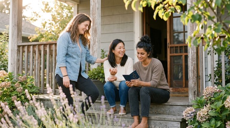 Three women sit on a porch reviewing a citizenship document outside a Canadian home