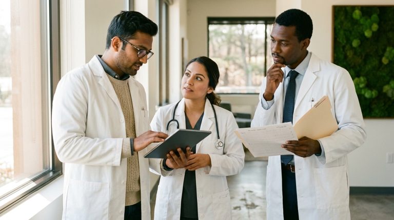 Three health care workers in white coats review a tablet and papers in a BC PNP-style hospital scene