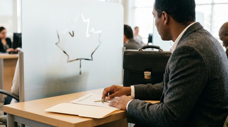 Applicant sits at a Canadian immigration office desk with papers during a temporary resident appointment