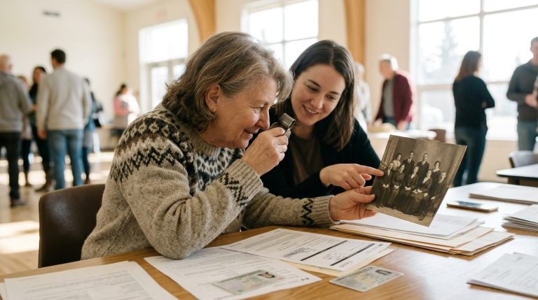Woman reviews family photo and citizenship documents at a table during an IRCC application appointment