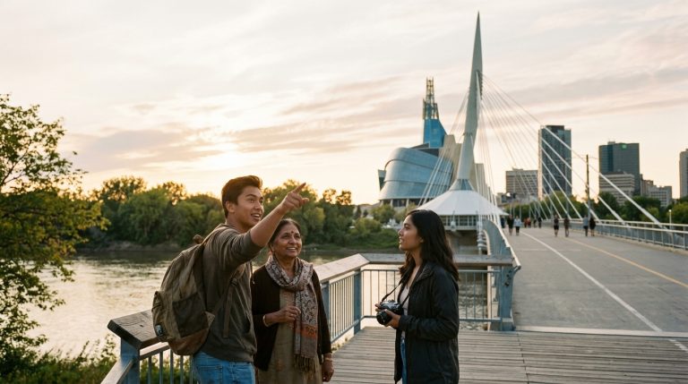 Three newcomers stand by Winnipeg's Esplanade Riel footbridge during a Manitoba PNP news illustration