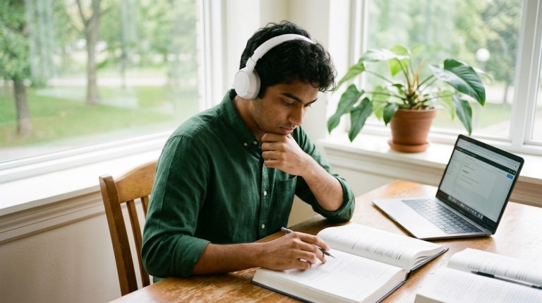 Ontario PNP applicant studies language materials at home beside a laptop and open workbook