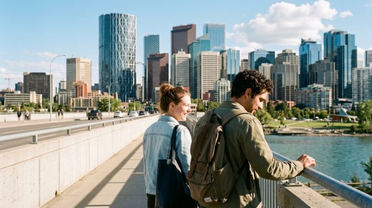 Two newcomers walk along a bridge with Calgary skyline in view amid Alberta PNP immigration news