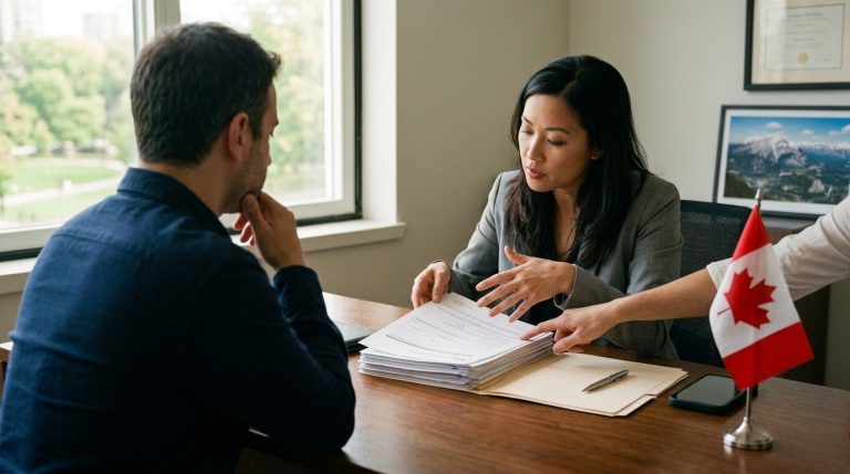 Lawyer reviews Canadian citizenship documents with applicant at an office desk beside a small Canada flag