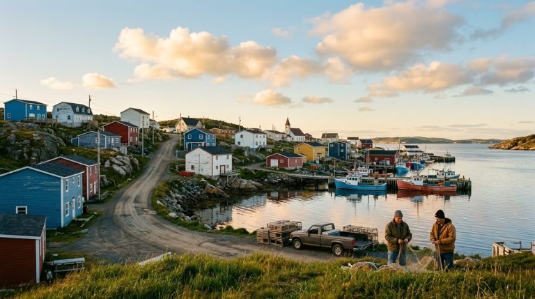 Workers handle fishing nets near boats in a Newfoundland harbour, illustrating a provincial immigration draw