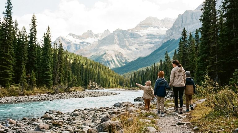 Family walks along a mountain river trail in Canada, illustrating PNP immigration news