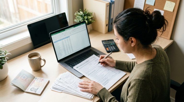 Applicant reviews study permit forms and financial documents at a desk beside a passport and laptop