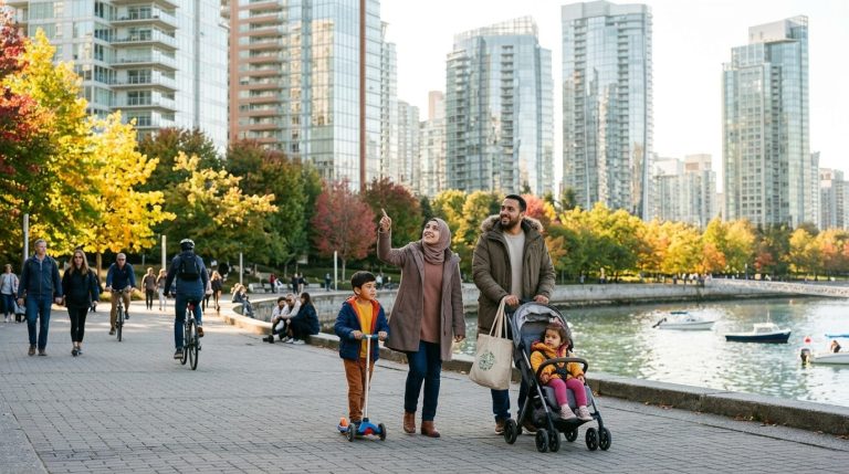 Family walks along Vancouver waterfront promenade amid autumn trees in a BC PNP news illustration