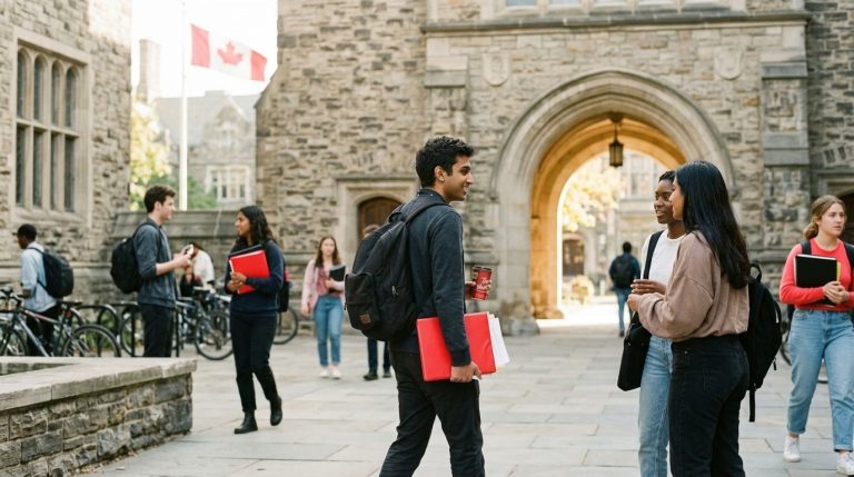 Students gather on a Canadian campus courtyard near a stone archway as citizenship news affects IRCC processing