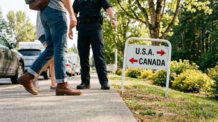 Travellers walk past a border sign for Canada and the U.S. as an officer stands nearby on a citizenship route