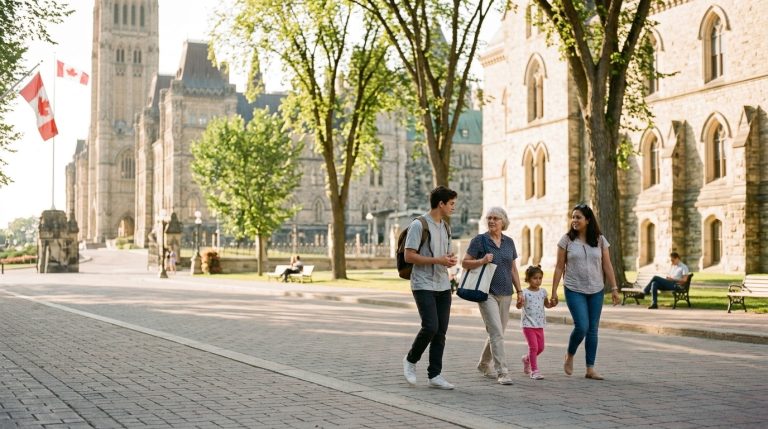 Family of temporary residents walks near Parliament Hill with Canadian flags in Ottawa
