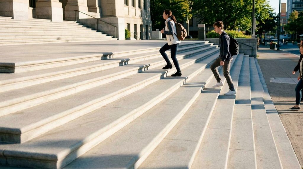 People with backpacks climb steps outside a Canadian government building amid IRCC processing delays