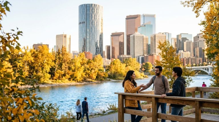 Three newcomers talk by a riverside walkway with Calgary skyline during an Express Entry news scene