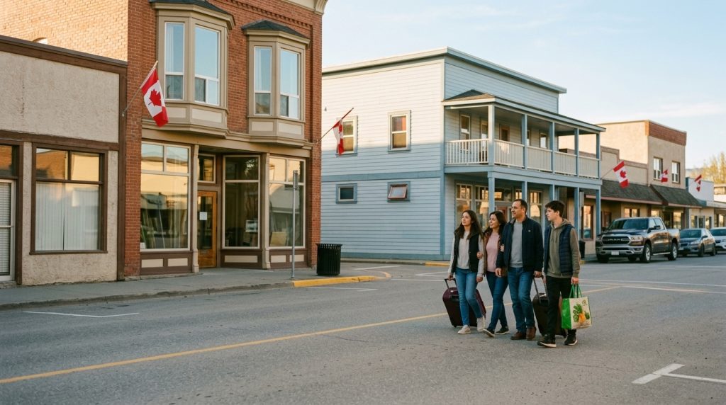 Family walks with luggage along a Canadian main street lined with flags, illustrating citizenship news
