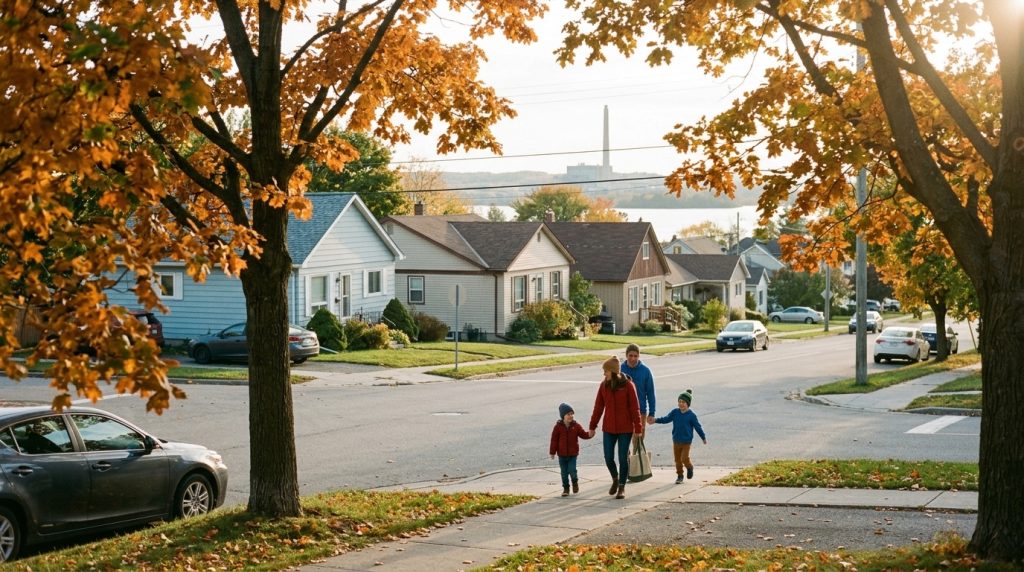 Family walks along a Greater Sudbury neighbourhood street in autumn amid FCIP immigration news