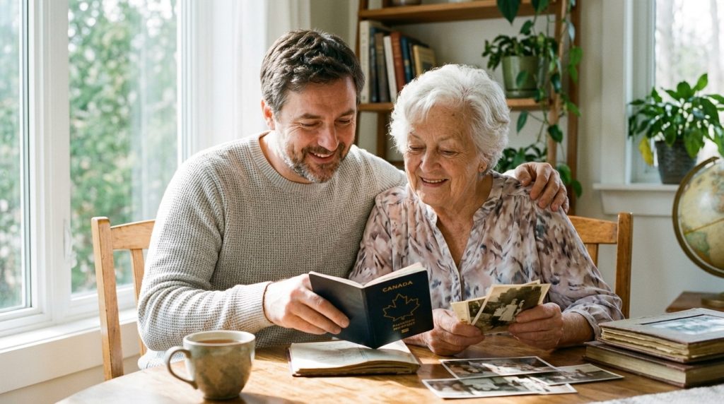 Man and older woman review a Canadian passport and family photos at home amid citizenship by descent news