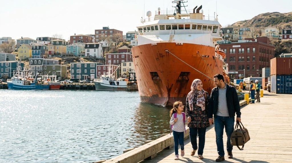 Family walks along a Newfoundland harbour dock beside cargo ships in a PNP-themed immigration scene
