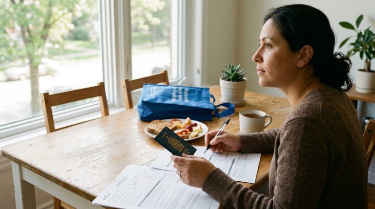 Woman reviews citizenship papers while holding a Canadian passport at a kitchen table near a window