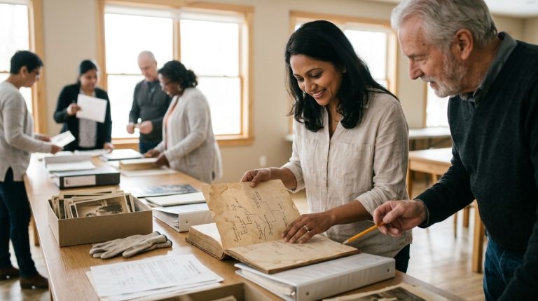 People review old family records and papers at a table as citizenship proof checks draw closer