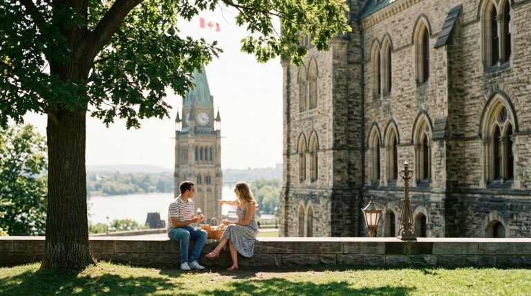 Two people sit on Parliament Hill grounds in Ottawa with study permit news backdrop and Peace Tower behind