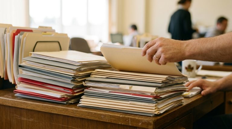 Person sorts stacks of citizenship files on a desk in a busy IRCC-style office