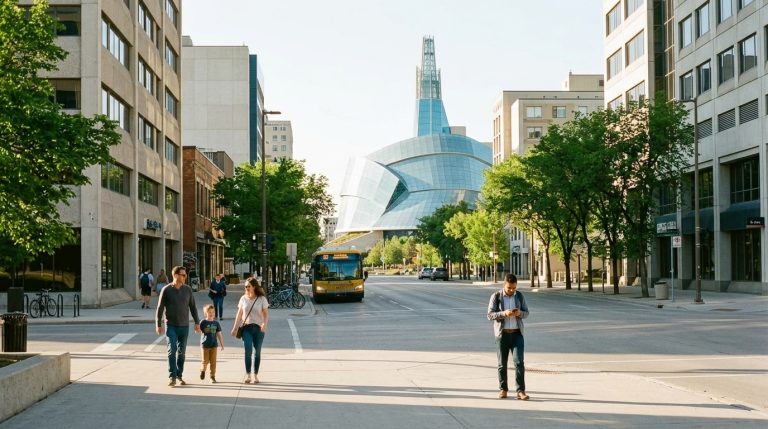 Pedestrians walk along a downtown Winnipeg street near a landmark building as Manitoba PNP news unfolds